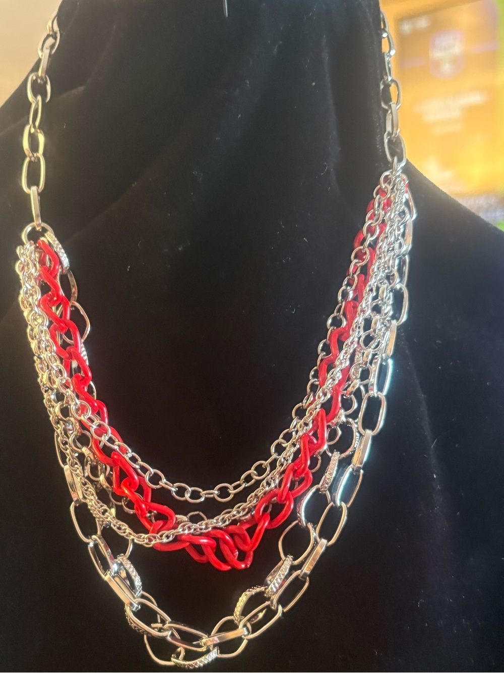 Layered Red and Silver Multi-Chain Necklace - Women Jewelry
